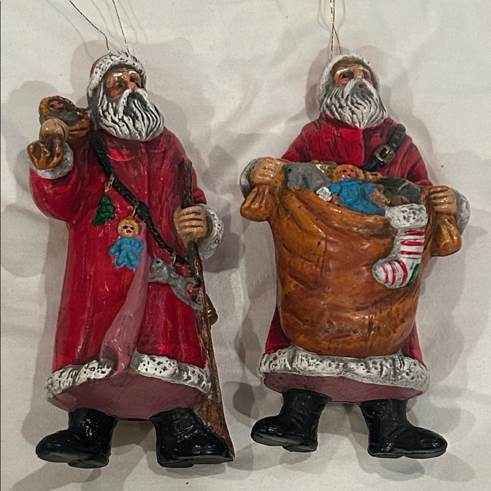 Vintage Hard Plastic Old World Festive Santa Claus Ornaments - Red and Brown. 6”
